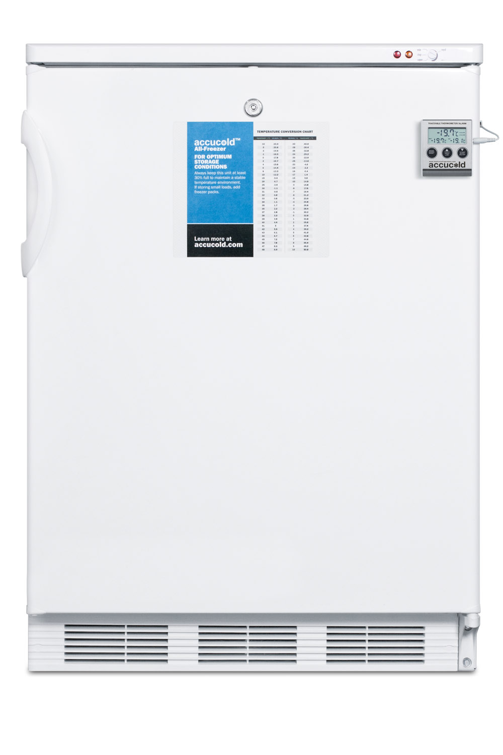 Built-in undercounter freezer capable of -25 C operation; includes audible alarm, lock, and hospital grade plug